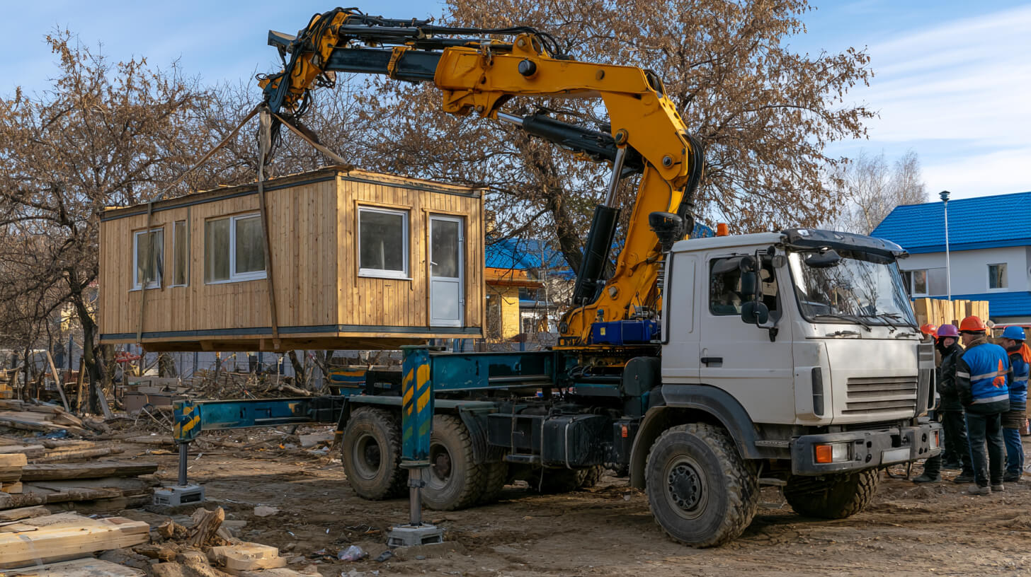 Перевозка бытовки манипулятором в Минске — установка краном на строительной площадке